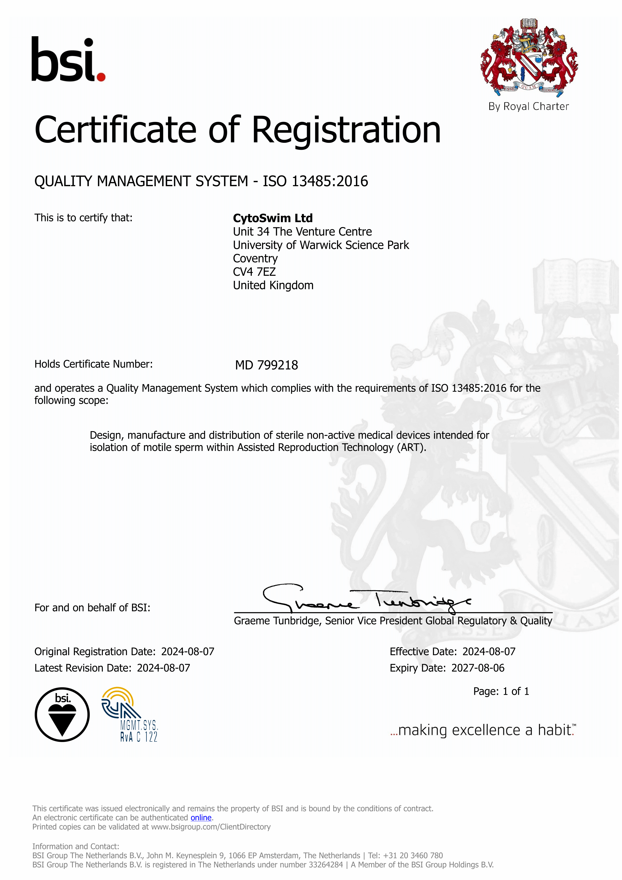 CytoSwim ISO 13485 Certificate